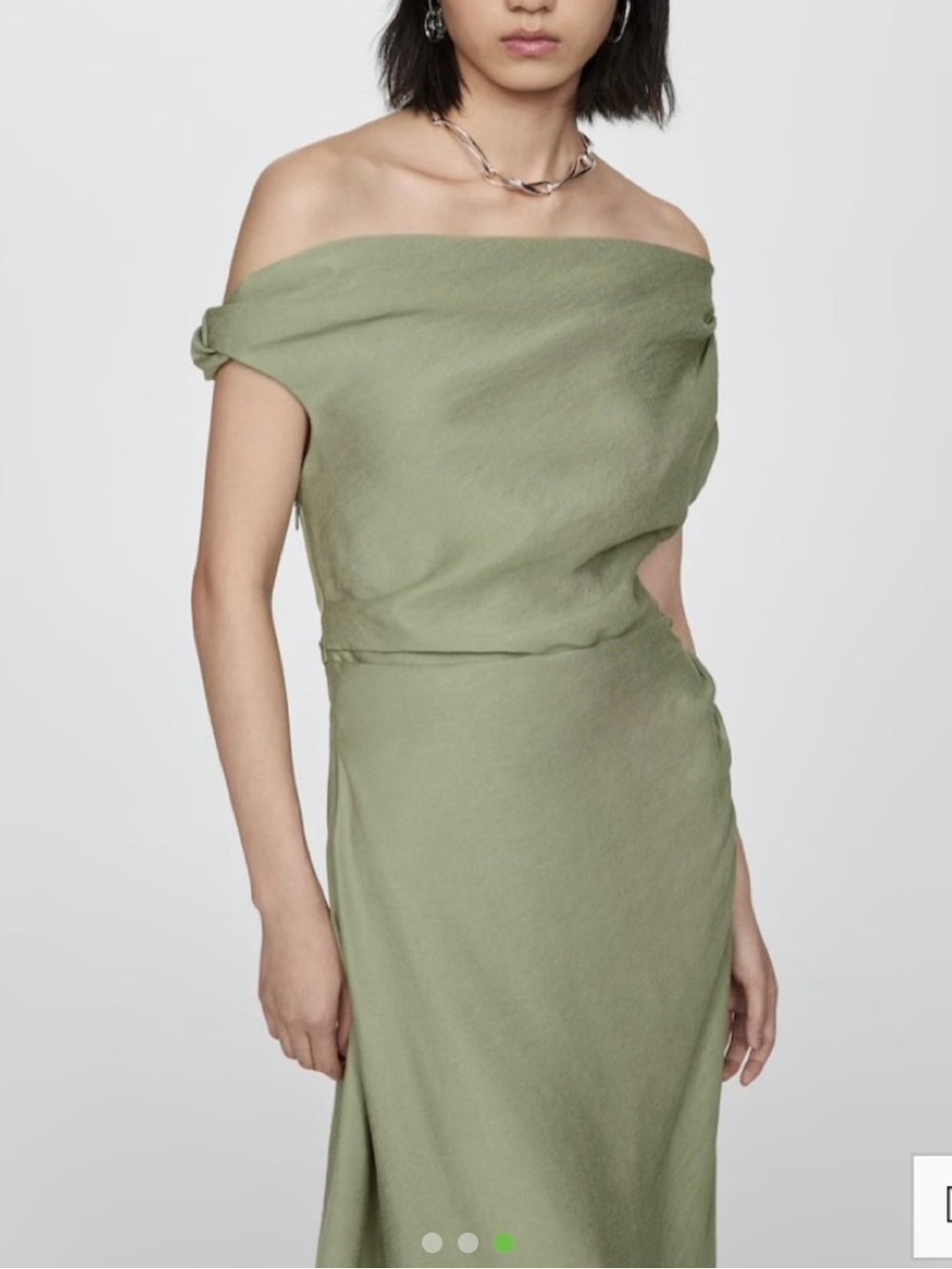 Mango One-Shoulder Olive Green Linen Dress